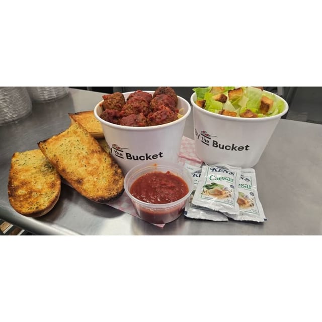 #1 Ultimate Special: Large Spaghetti Bucket, 8 Meatballs, Large Salad, 8 oz Marinara, Full Loaf.