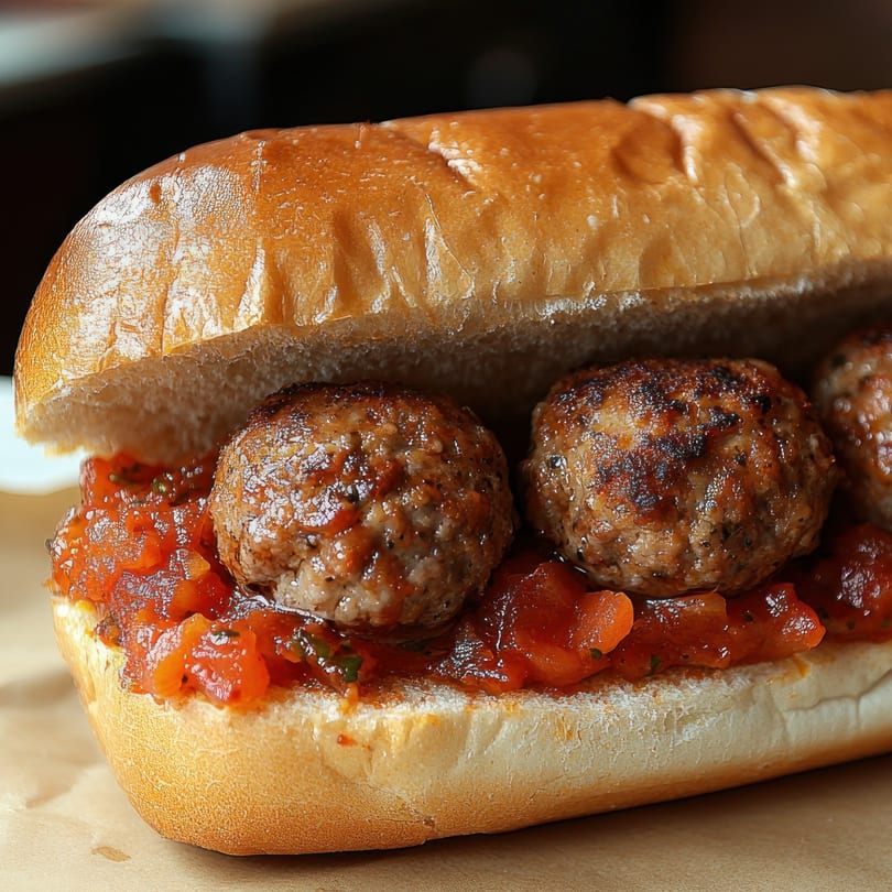 A By the Bucket Mesa meatball sub with marinara sauce on a toasted bun.