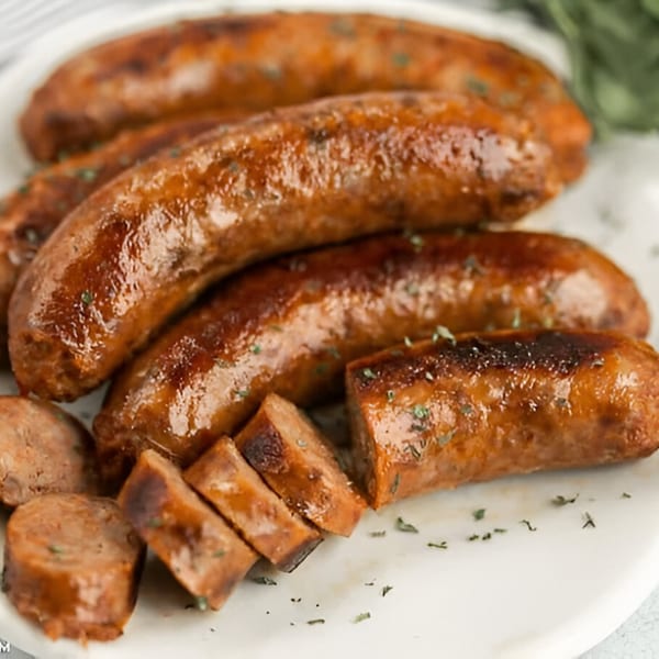 Several Italian sausages, some whole and some sliced, on a white plate, garnished with herbs.